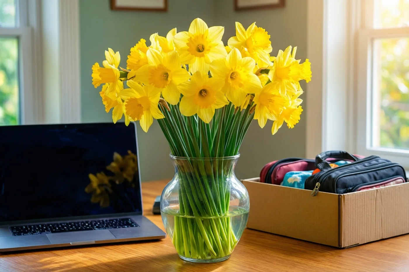 Een vaas met gele narcissen staat op een houten bureau naast een gesloten laptop en een kartonnen doos met persoonlijke spullen, in daglicht uit de ramen.