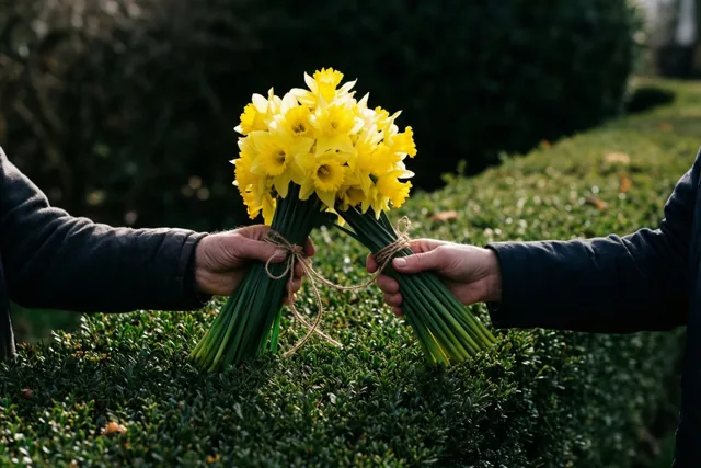 Twee handen geven een felgele bos narcissen met een touwtje door over een lage groene haag in daglicht, tegen een wazige achtergrond.
