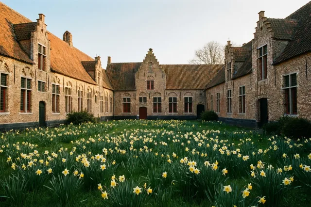 Gele narcissen bloeien in groen gras op een binnenplaats omringd door oude Vlaamse bakstenen gebouwen met pannendaken in zacht warm licht.