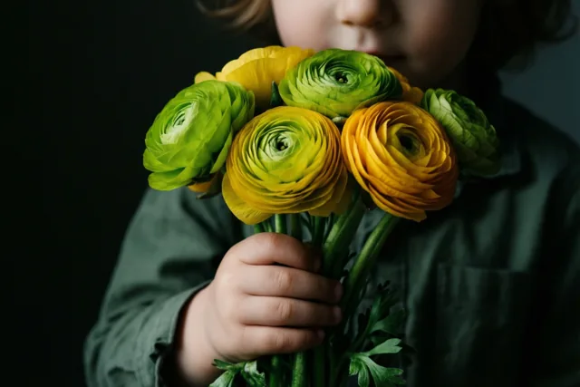 Een kinderhand houdt een klein bosje ranonkels vast tegen een donkere achtergrond, met felgeel en groen als hoofdkleuren.