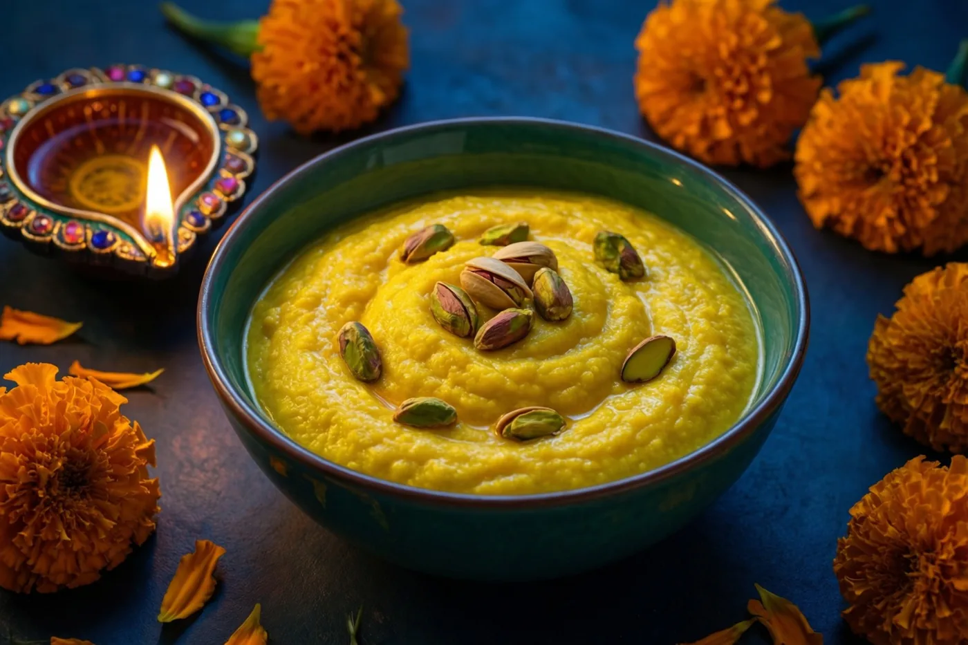 Een blauwgroene kom gele saffraanrasmalai met pistachenoten staat op een donkerblauwe ondergrond naast een brandend olielampje en tussen afrikaantjes.