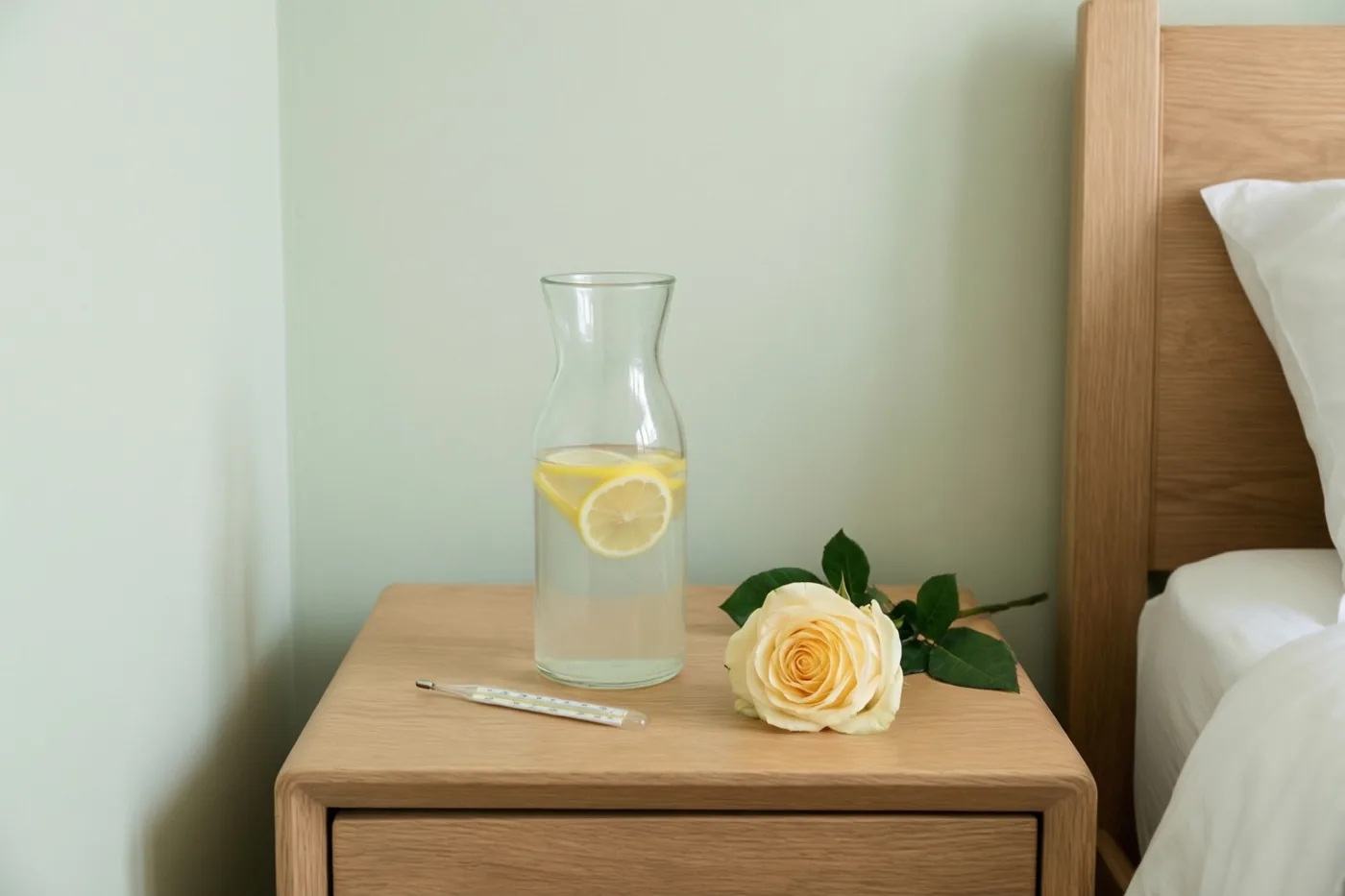 Een houten nachtkastje met een glazen karaf citroenwater, een thermometer en een gele roos staat naast een bed met wit beddengoed tegen een bleekgroene muur.