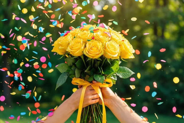 Twee handen houden een boeket gele rozen met een geel lint omhoog terwijl kleurrijke confetti valt, tegen een onscherpe groene buitenachtergrond.