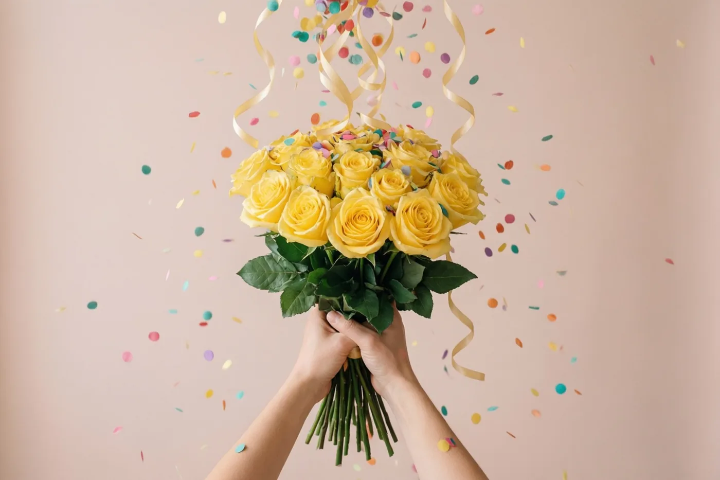 Twee handen houden een boeket gele rozen omhoog tegen een effen beige achtergrond, terwijl kleurrijke confetti en gouden linten naar beneden vallen.