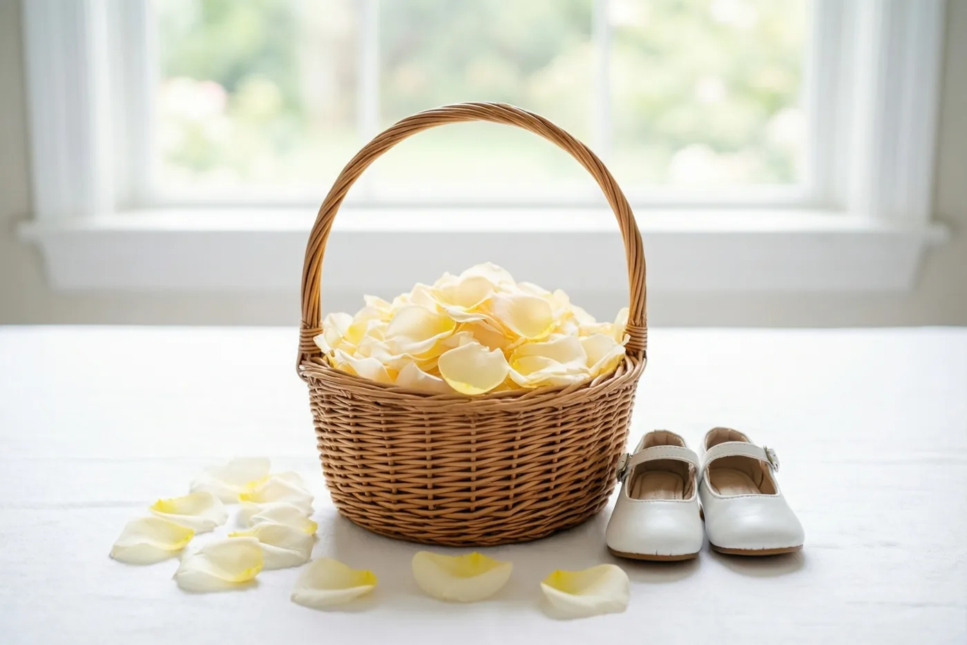 Een rieten mand met gele rozenblaadjes staat op een wit tafelkleed naast kleine witte schoentjes, met een helder raam op de achtergrond.