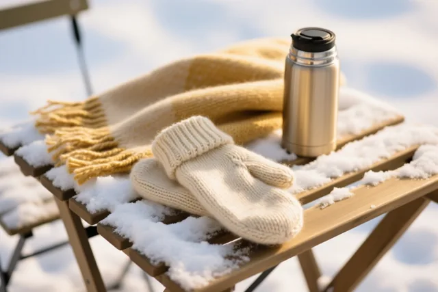 Crèmekleurige gebreide wanten, een gele wollen sjaal en een zilveren thermosfles liggen op een besneeuwde houten tafel onder een heldere hemel.