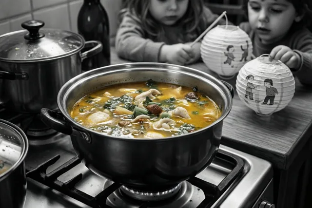 Een pot dampende gele soep staat op een gasfornuis bij twee kinderen met papieren lantaarns aan een keukentafel, terwijl de rest van het beeld zwart-wit is.