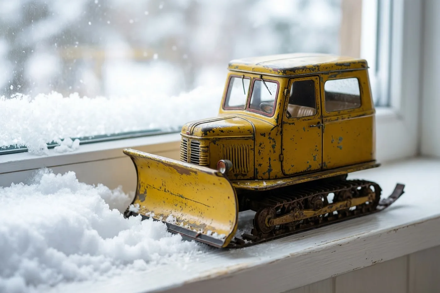 Een oude gele blikken speelgoedsneeuwruimer met afgebladderde verf staat op een vensterbank naast een hoop echte sneeuw, met een besneeuwd uitzicht achter het raam.