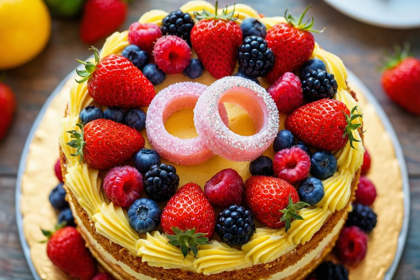 Een ronde taart met geel glazuur, aardbeien, frambozen, blauwe bessen, bramen en twee roze suikerringen staat op een goudkleurige taartstandaard tegen een houten achtergrond.