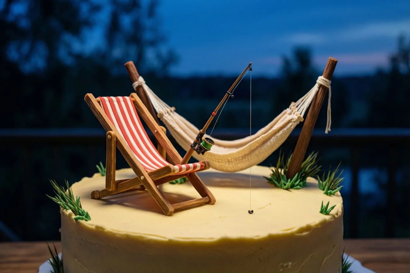 Een taart met glad geel glazuur is versierd met een rood-wit gestreepte miniatuurstrandstoel, een beige hangmat en een hengel van fondant, tegen een onscherpe avondlucht met silhouetten van bomen.