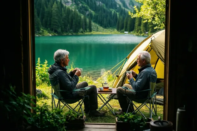 Door een donkere houten deuropening zie je twee grijsharige mannen in campingstoelen naast een gele tent, die aan een tafeltje thee drinken met zicht op een rustig bergmeer en beboste bergen.