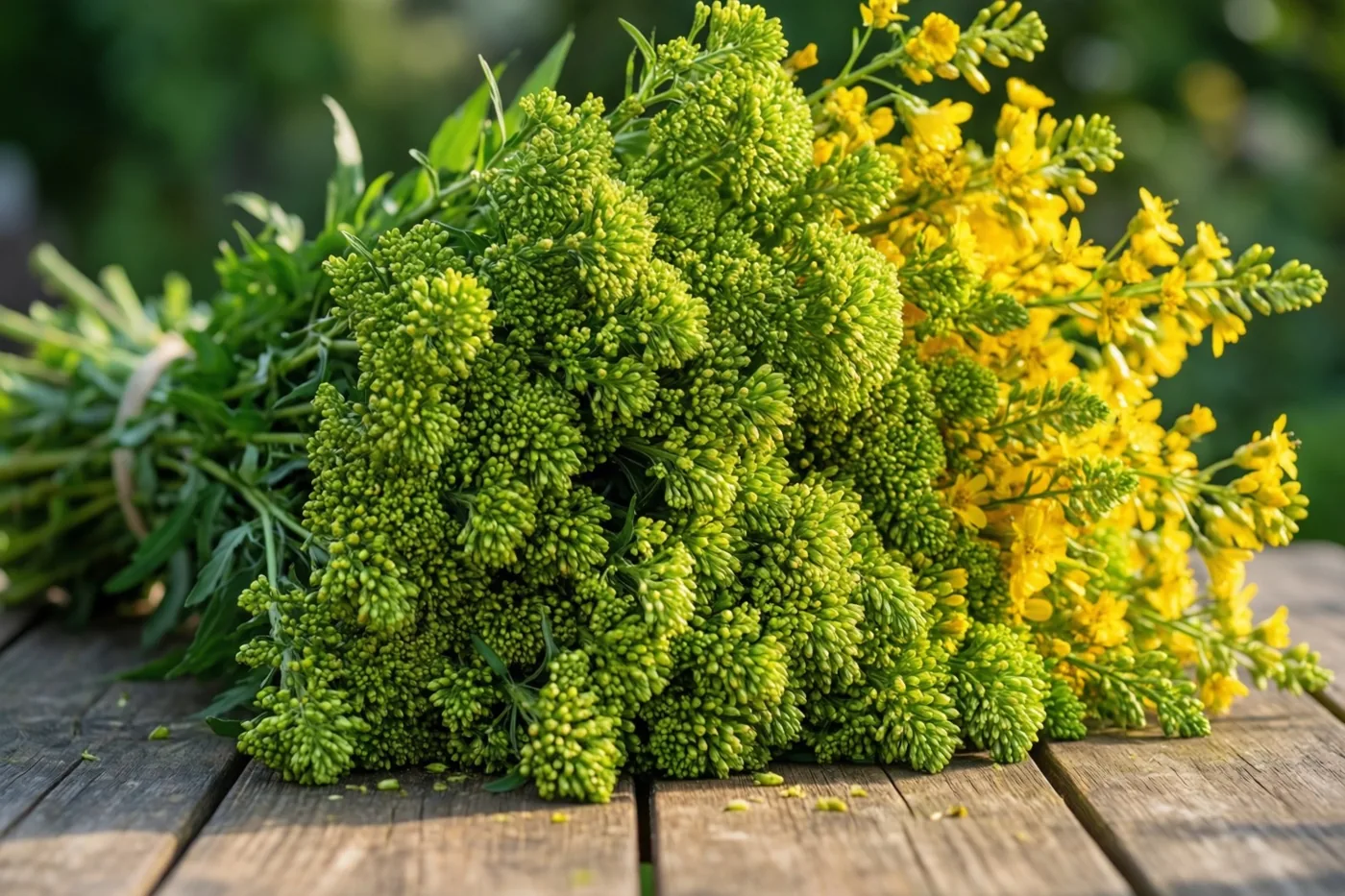 Een grote bos vers gesneden tuinbloemen met groene knoppen en gele bloemen ligt buiten op een verweerde houten tafel voor een wazige groene achtergrond.