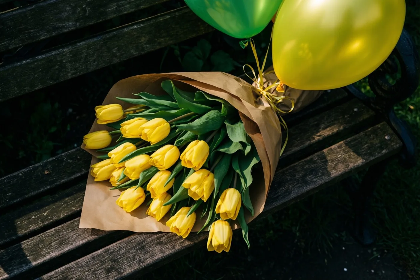 Gele tulpen in bruin papier liggen met groene en gele ballonnen op een donkerhouten tuinbank in fel zonlicht.