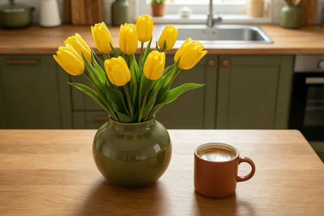 Een vaas felgele tulpen staat naast een terracotta mok met koffie op een houten keukentafel in warm zonlicht.