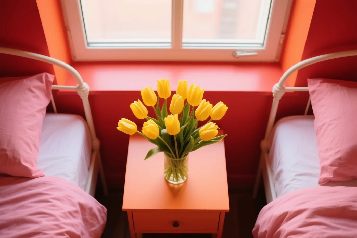 Gele tulpen staan in een doorzichtige glazen vaas op een oranje nachtkastje tussen twee bedden, onder een raam in een kamer met rode muren.