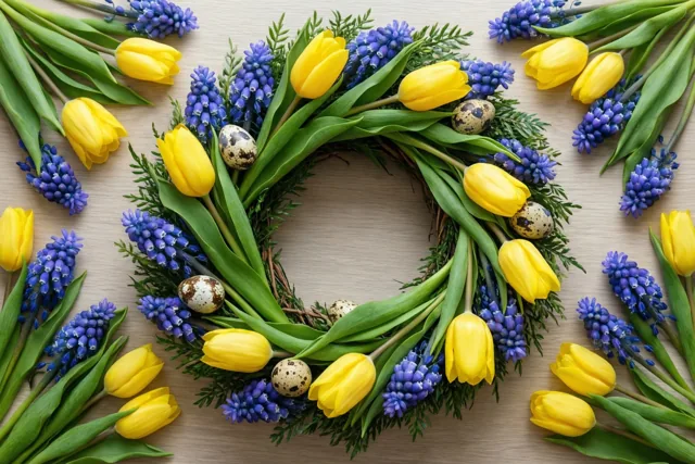 Een ronde krans van gele tulpen en paarse druifhyacinten met gespikkelde eieren tussen de bloemen ligt op een lichte houten tafel.
