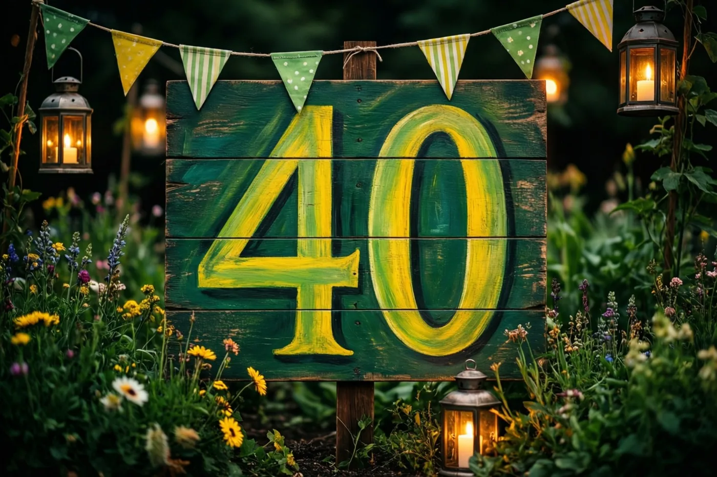 Een groot houten bord met 40 in gele verf staat in een donkere tuin tussen bloemen, vlaggetjes en brandende lantaarns.