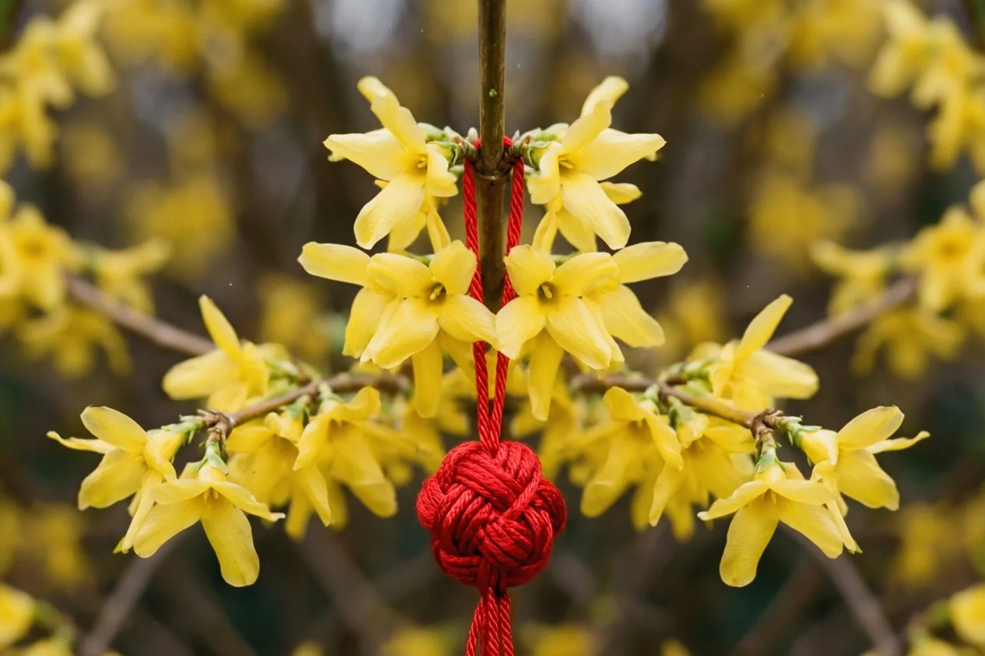Een tak met felgele winterjasmijn en een hangend rood knoopornament is van dichtbij te zien, met onscherpe gele bloemen en bruine takken op de achtergrond.