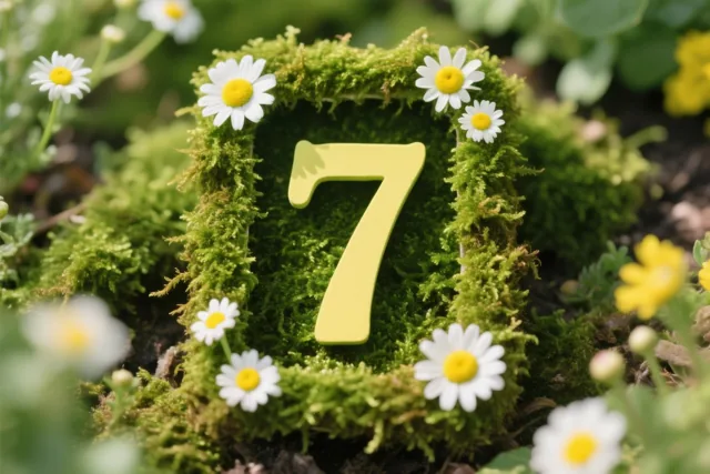 Een gele 7 staat midden in een vierkante lijst van groen mos met kleine witte madeliefjes in een rustieke tuin.