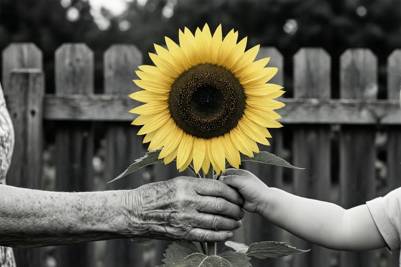 Een oudere hand en een peuterhand houden samen een felgele zonnebloem vast voor een houten omheining, tegen een zwart-witte achtergrond.