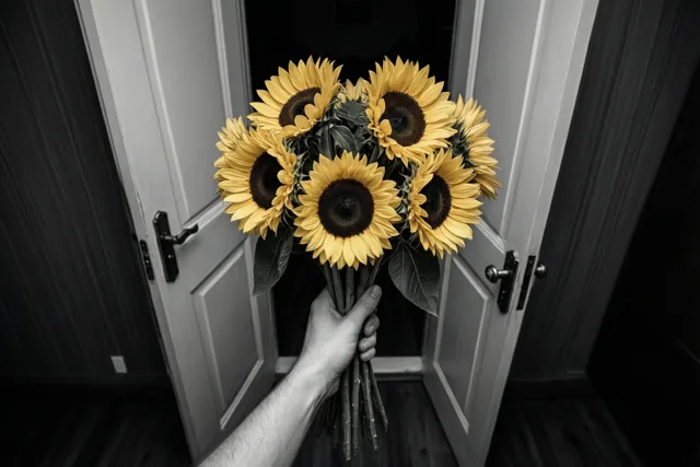 Een hand biedt een boeket gele zonnebloemen aan door een halfopen witte deur, in een verder grotendeels zwart-wit beeld.