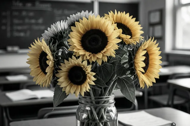 Gele zonnebloemen met donkere harten staan in een glazen pot op een leerkrachtenbureau, terwijl de rest van de klas in zwart-wit is weergegeven.