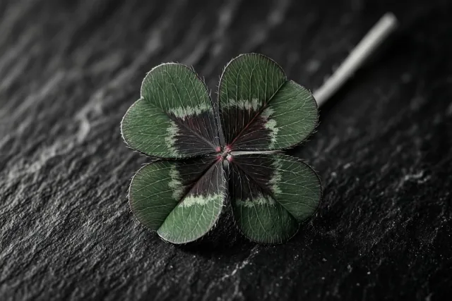 Een klavertje vier met groen en donker gemarmerde blaadjes ligt op donkere leisteen met een ruwe structuur.