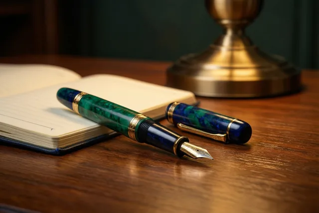 Een vulpen met een groenblauw gemarmerde houder ligt naast een open notitieboek op een houten bureau in het warme licht van een messing lamp.