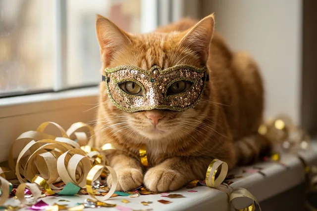 Een rosse kat met een paillettenmasker zit op een vensterbank tussen papieren slingers en confetti in warm goudkleurig en oranje licht.