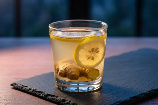 Een glas gember-citroeninfusie staat op een donkere leistenen onderzetter op een houten oppervlak, in zacht zijlicht tegen een onscherpe blauwe achtergrond.