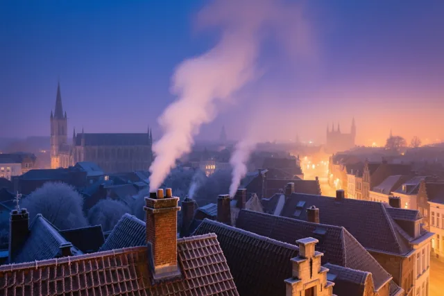 Gentse daken met rijp en schoorstenen met opstijgende rook zijn bij het vallen van de avond gehuld in blauwe en oranje tinten.