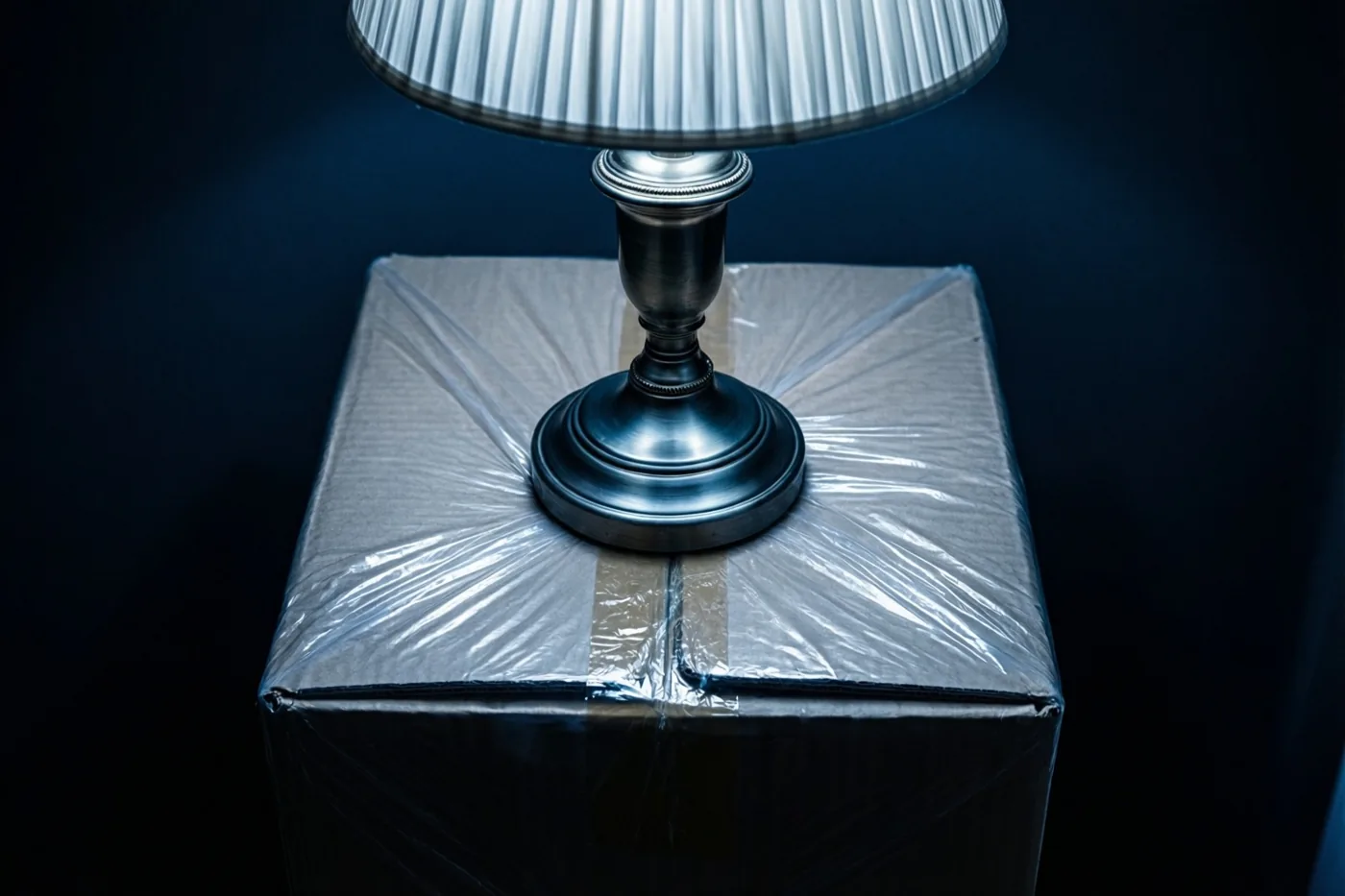 Een lamp met geplooide kap staat op een kartonnen doos die in doorzichtig plastic en bruine tape is gewikkeld, tegen een donkerblauwe achtergrond.
