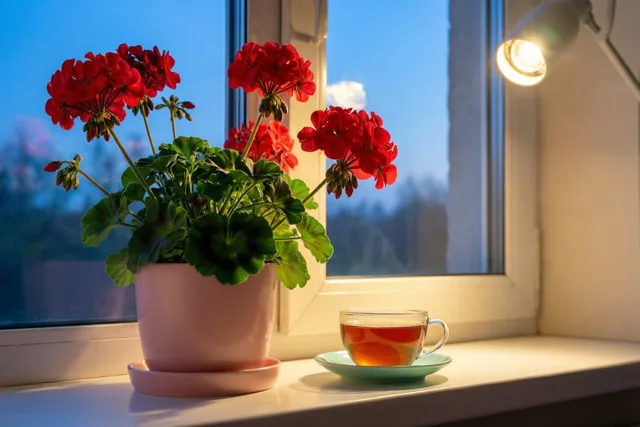 Thee en geraniums bij het ontwaken