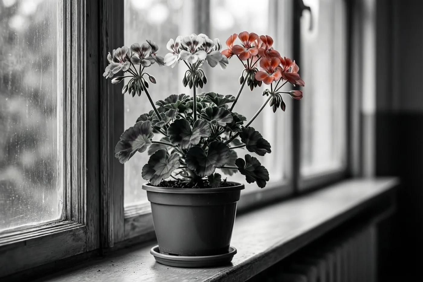 Een geranium met witte en rode bloemen staat op een houten vensterbank onder een hoog klasraam in een grotendeels zwart-wit beeld met kleuraccenten bij de bloemen.