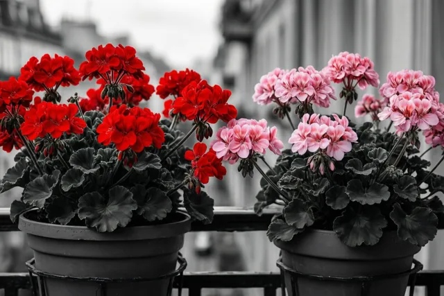 Een rode en een roze geranium in potten staan naast elkaar op een balkonreling, met een onscherp stadsbeeld in zwart-wit op de achtergrond.