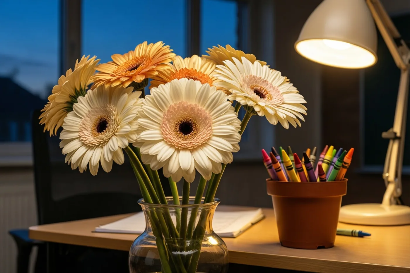 Een vaas gerbera’s staat op een houten bureau naast een terracotta pot met gekleurde waskrijtjes, verlicht door een bureaulamp, met een raam op de achtergrond in de schemering.