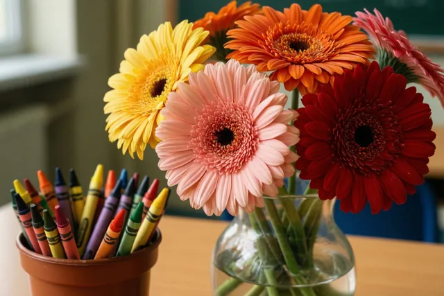 Een kleurrijk boeket gerbera’s in een doorzichtige glazen vaas staat naast een terracotta pot met kleurkrijtjes op een houten bureau in helder, warm licht.