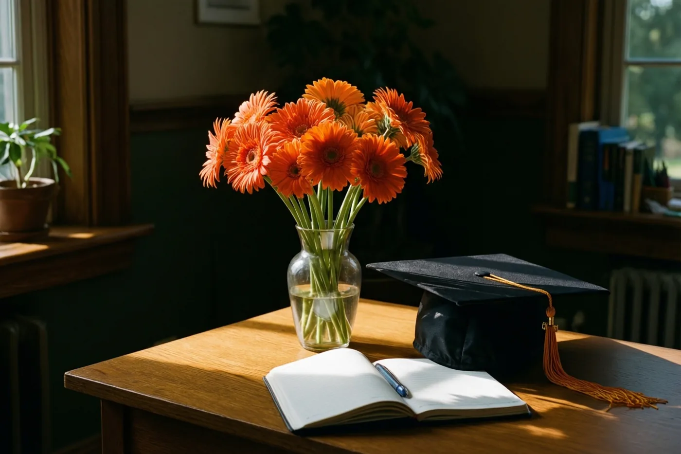 Een vaas feloranje gerbera's staat op een houten bureau naast een zwarte afstudeerhoed met een oranje kwastje en een open schrift met een pen, in zonlicht uit een raam.