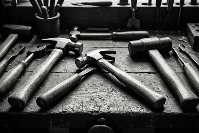 Verschillende oude werktuigen met houten handvatten liggen op een versleten houten werkbank met barsten, weergegeven in contrastrijk zwart-wit.