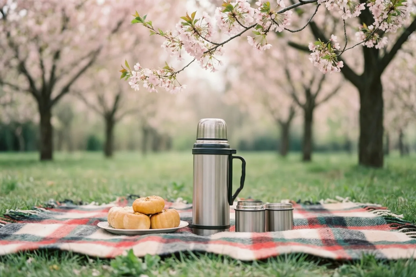 Een geruite deken en een roestvrijstalen thermos liggen op het gras onder bloeiende kersenbomen, in zacht daglicht met een onscherpe achtergrond.