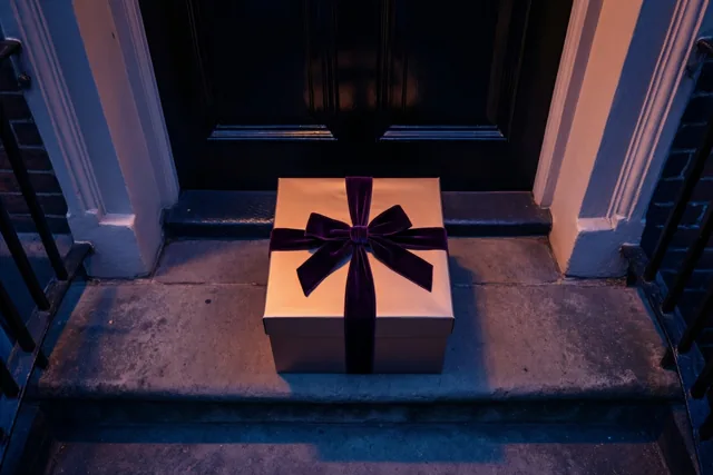 Een geschenkdoos met een donkere fluwelen strik staat op de stenen trede van een elegante herenwoning in koel blauw en paars licht.
