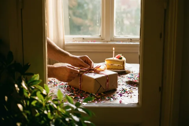 Door een deuropening zijn twee handen te zien die een geschenkdoos met lint uitpakken op een tafel met confetti naast een stuk taart met één brandend kaarsje, met daglicht uit een raam achter de tafel.