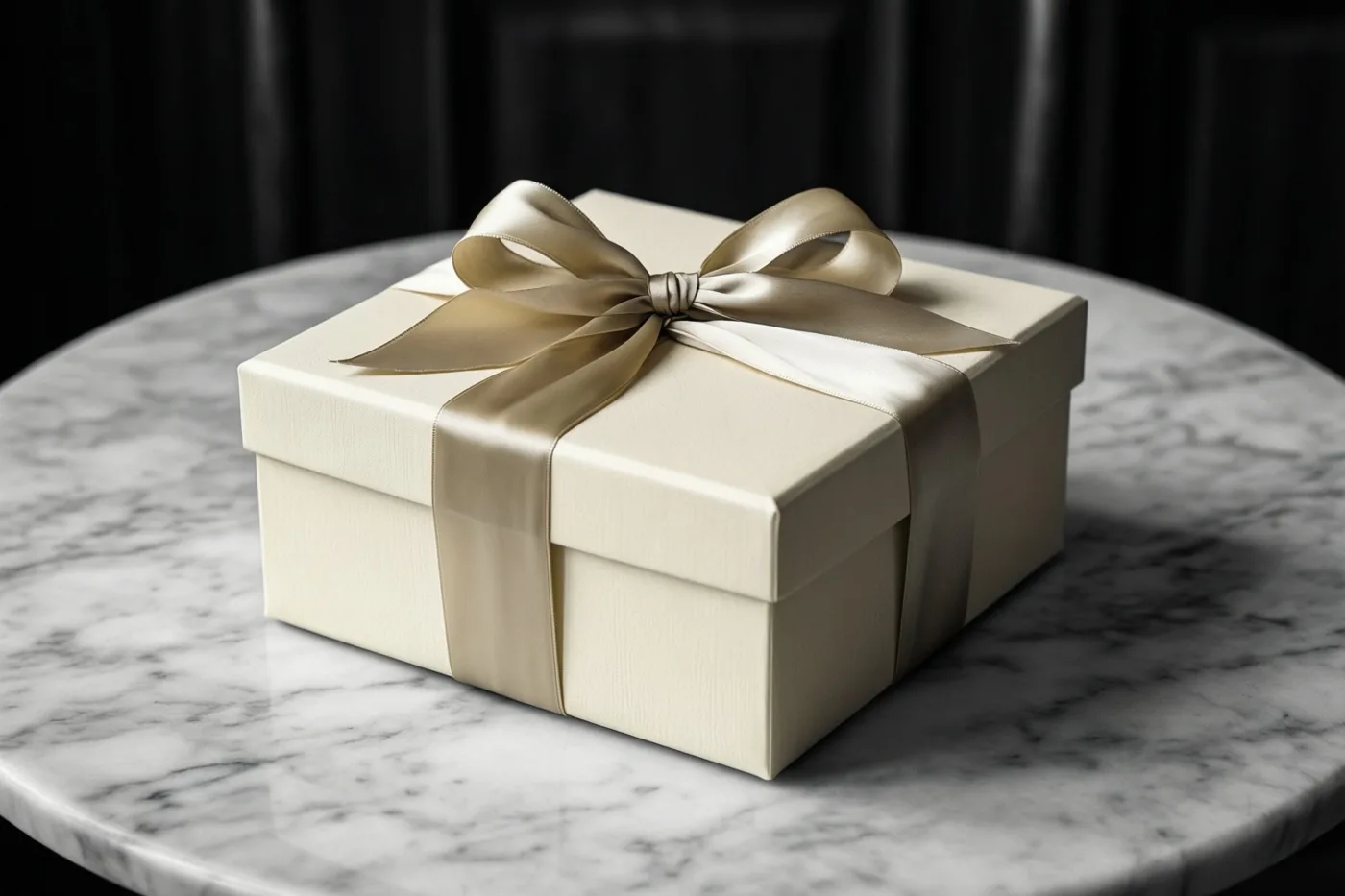 Een crèmekleurige geschenkdoos met een goudkleurig zijden lint staat op een witte marmeren tafel met grijze aders tegen een donkere achtergrond.