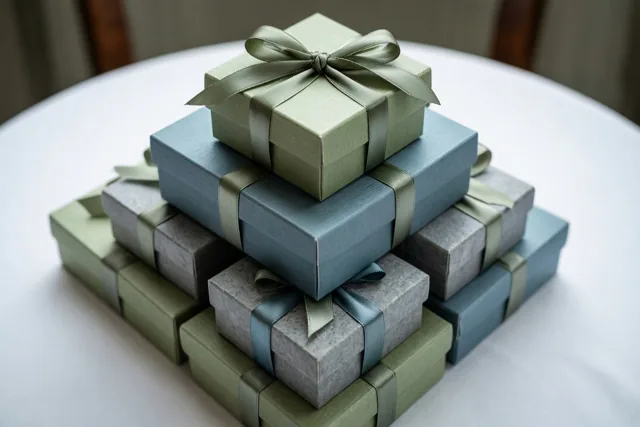 Geschenkdozen in gedempt groen, blauw en grijs staan met satijnen linten in een piramide op een wit tafelkleed.