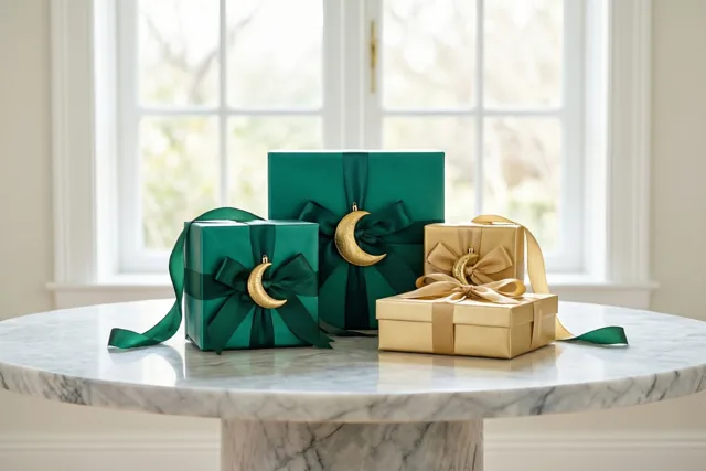 Twee smaragdgroene geschenkdozen en één gouden geschenkdoos staan op een ronde marmeren tafel bij een helder raam, elk met een bijpassend lint en een kleine gouden maansikkel.