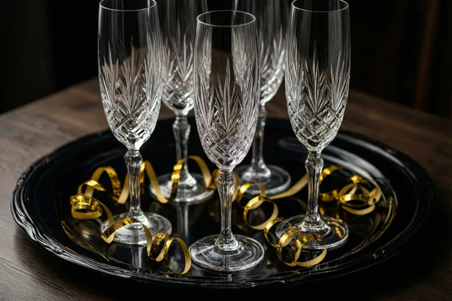 Een zwartgelakt dienblad met fijn geslepen kristallen champagneglazen en gouden slingers staat op een donker houten oppervlak.