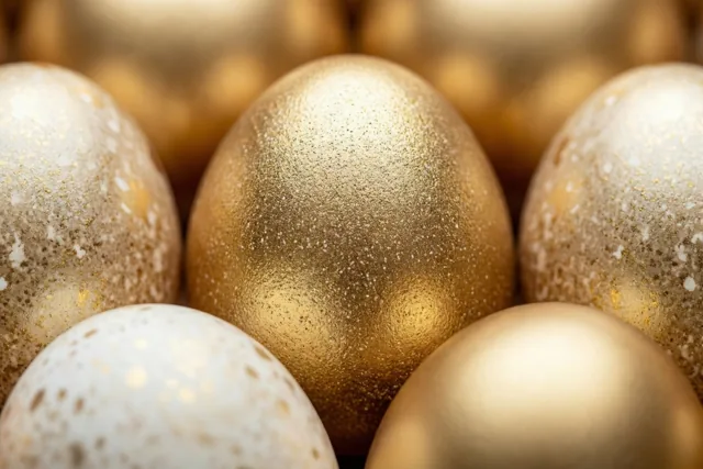 Een detailfoto toont verschillende gespikkelde eierschalen met een fijne structuur in goudkleurige, crèmekleurige en witte tinten.