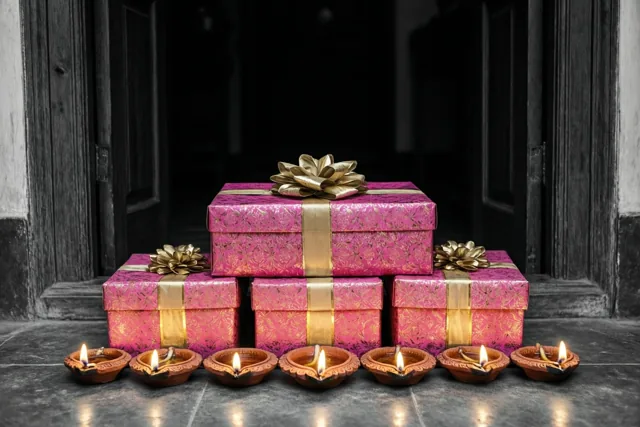 Een stapel roze en gouden cadeaudozen met strikken staat op een drempel naast brandende lampjes van klei, voor een donkere deuropening met een monochrome achtergrond.