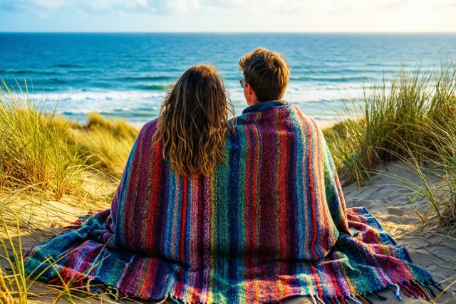 Twee mensen zitten naast elkaar op een zandduin onder een kleurrijk gestreept deken en kijken in goudkleurig zonlicht naar de zee.