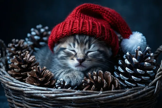 Een gestreept katje viert kerst